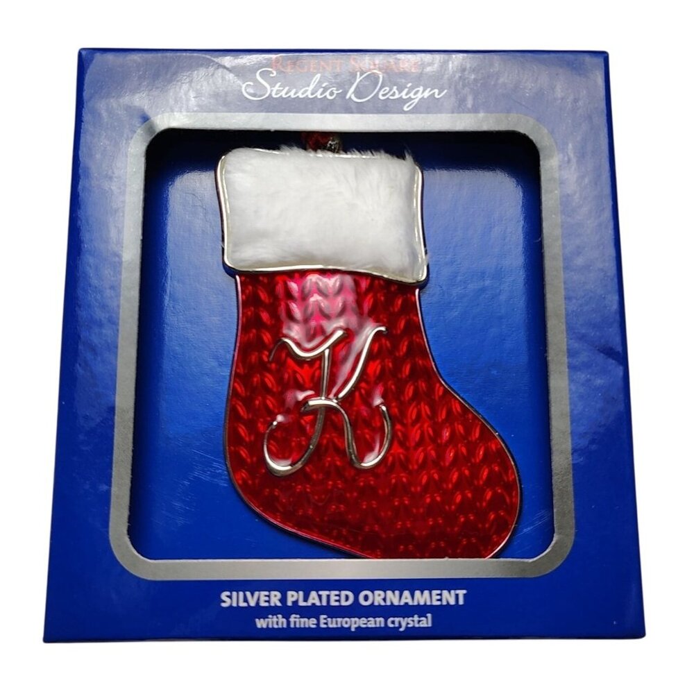 Silver Plated Stocking Ornament With Monogram Initial K Faux Fur Trimmed Accent